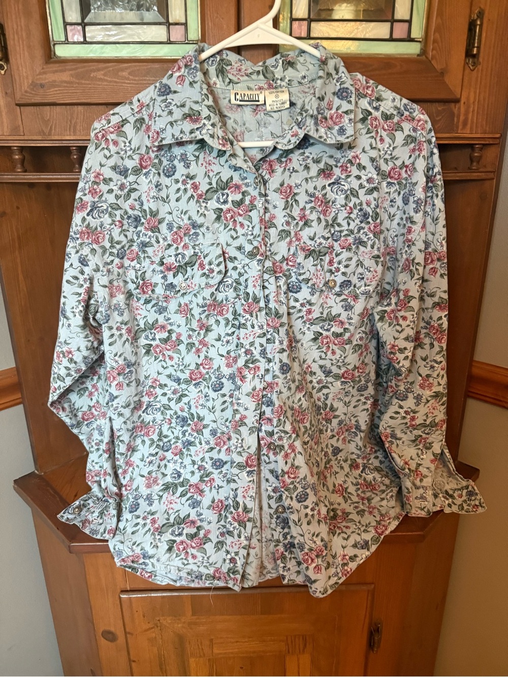 Capacity vintage 1990s  boho 100% cotton floral print metal button front shirt L